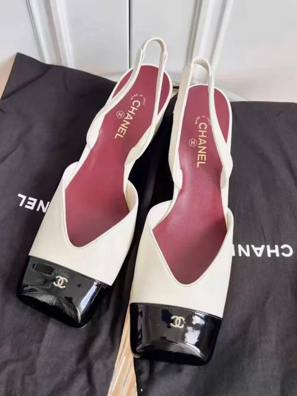 Chanel Two-Tone Black White CC Logo Square Toe Block Heel Shoes